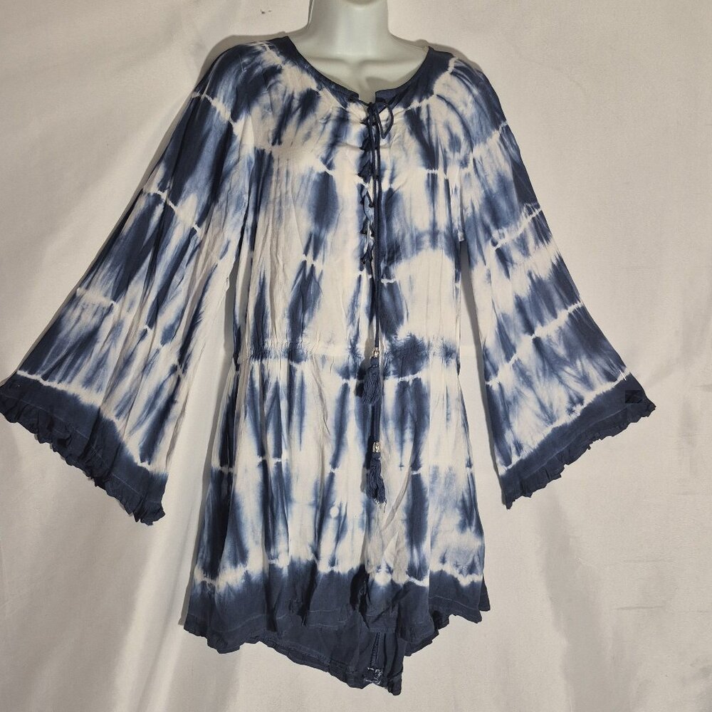 Ace Fashion BOHO dress, Blue and white Tie Dye, belled sleeves,  OSFM